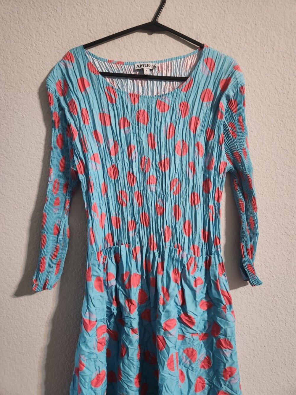 Alquema 3/4th Sleeve Smash Dress “Aqua Eclipse” Crinkly pockets midi sz 1 (US 6) - Picture 2 of 8